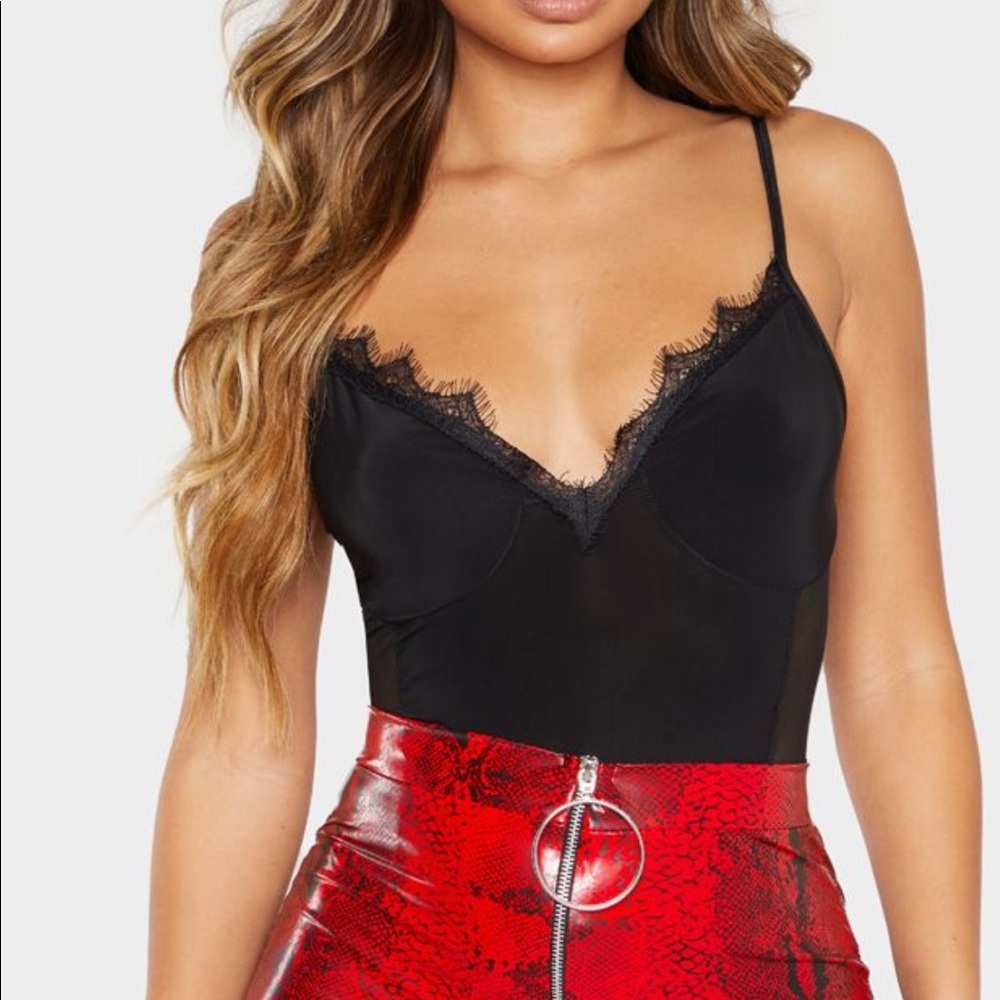 Black Slinky Eyelash Trim Strappy Bodysuit